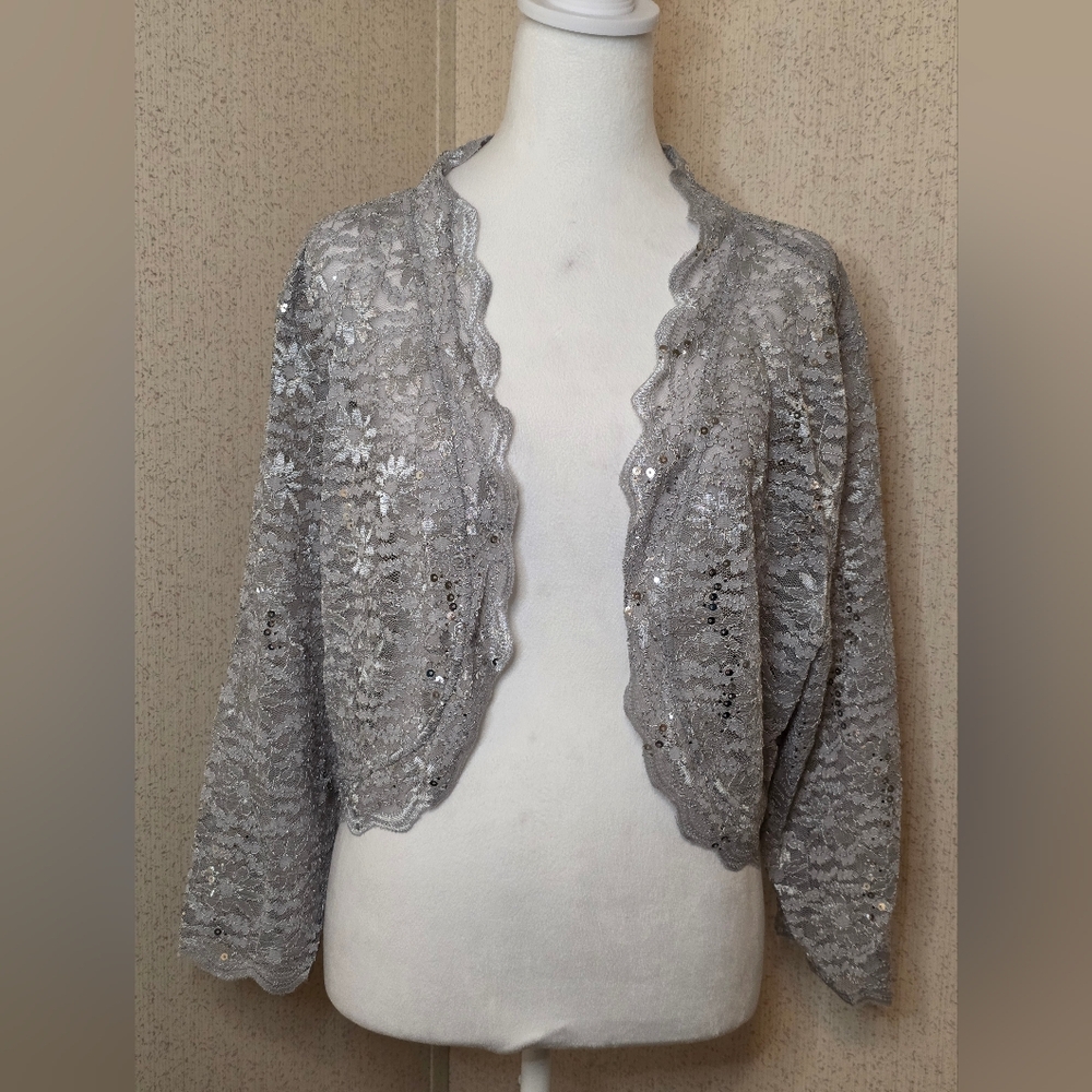 Womens Gray Scalloped Sequin Lace Bolero Jacket Sz:26W